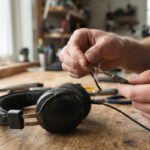 Réparer un casque audio en panne étape par étape Mains examinant un câble de casque audio abîmé près de la prise jack sur un bureau