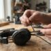 Mains examinant un câble de casque audio abîmé près de la prise jack sur un bureau