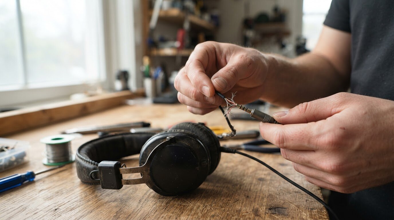 Mains examinant un câble de casque audio abîmé près de la prise jack sur un bureau