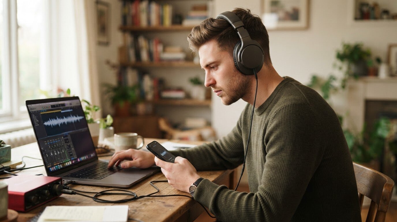 Diagnostiquer une panne de casque audio avant réparation Personne testant son casque audio sur un ordinateur portable et un smartphone pour diagnostiquer la panne