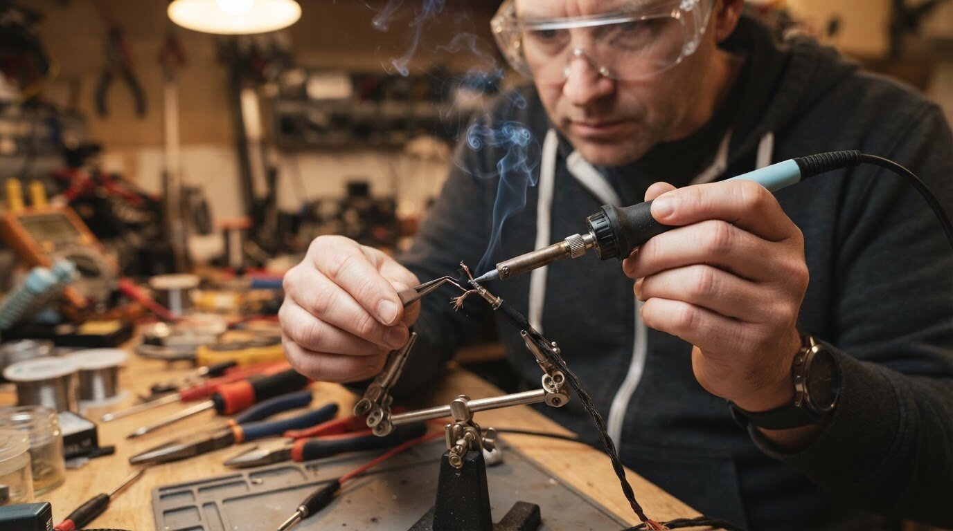 Souder le câble coupé d'un casque audio à la maison Mains soudant un câble de casque audio dénudé sur un établi avec un fer à souder