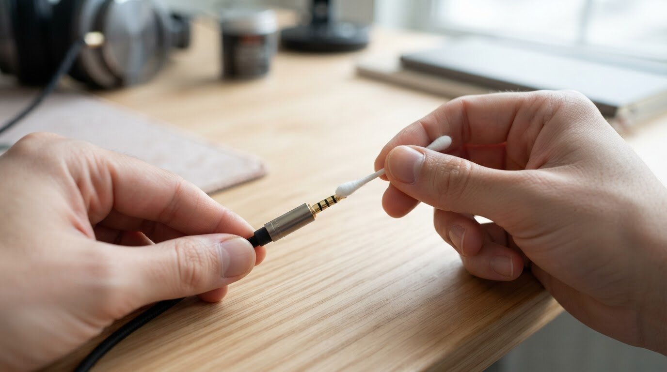 Nettoyer la prise jack abîmée d'un casque audio Mains nettoyant une prise jack de casque audio avec un coton-tige sur un bureau