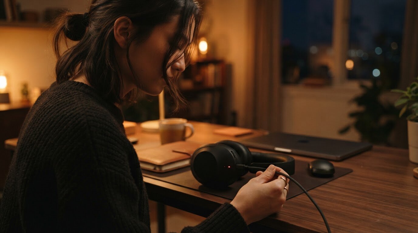 Casque bluetooth qui ne charge plus, comment vérifier Personne vérifiant le câble de charge d'un casque bluetooth posé sur un bureau