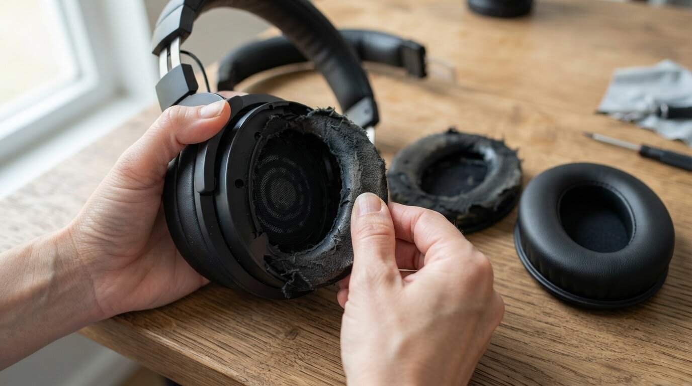 Remplacer les coussinets usés d'un casque audio Mains retirant un coussinet usé d'un casque audio pour le remplacer par un neuf
