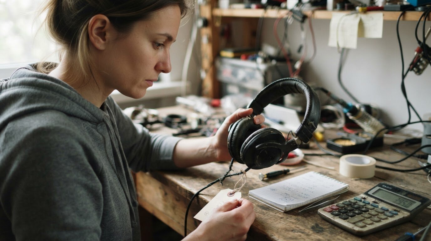 Réparer ou remplacer un casque audio, comment choisir Personne comparant un vieux casque audio et une étiquette de prix pour décider de le réparer