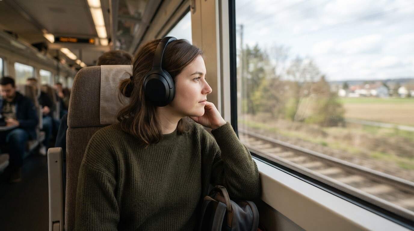 Casque audio haut de gamme pour les trajets Voyageur avec un casque à réduction de bruit dans un train de banlieue