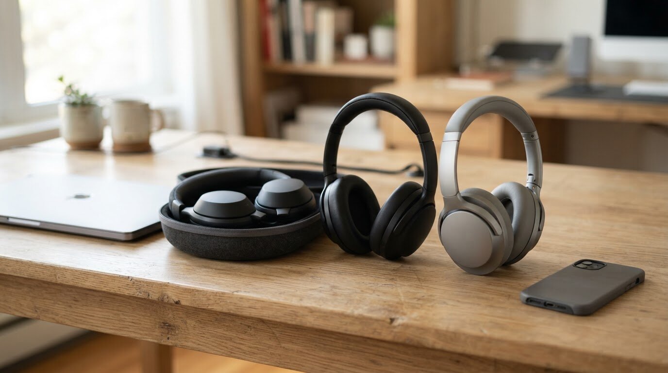 Casques Bluetooth haut de gamme comparés Trois casques Bluetooth premium alignés sur un bureau à côté d'un ordinateur