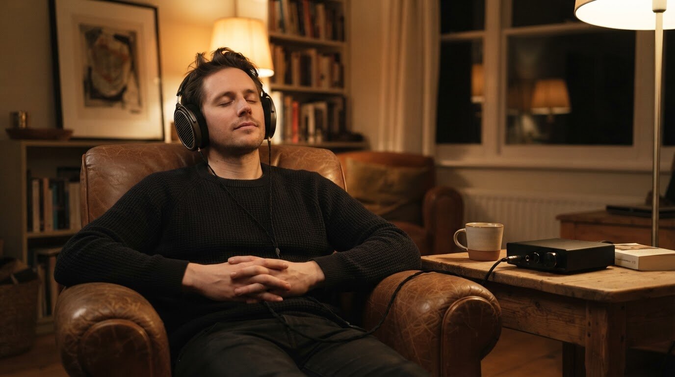 Écoute hi-fi filaire avec ampli casque Mélomane dans un fauteuil avec un casque ouvert relié à un amplificateur casque