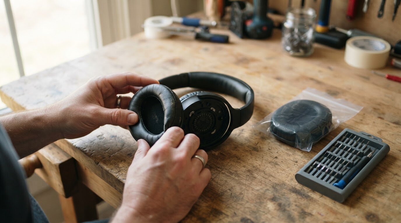 Remplacement des coussinets d'un casque Changement des coussinets d'un casque audio sur un établi avec petits tournevis