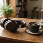 Casque audio haut de gamme sur une table Casque audio haut de gamme posé sur une table en bois à côté de disques vinyles