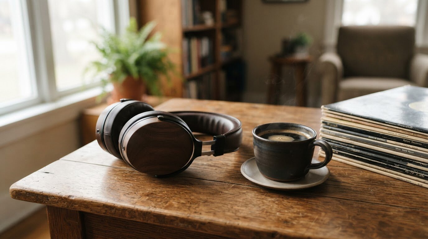 Casque audio haut de gamme posé sur une table en bois à côté de disques vinyles