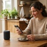 Lire les avis d'une enceinte Bluetooth Personne lisant des avis sur smartphone à côté d'une enceinte Bluetooth portable
