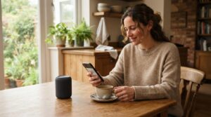 Personne lisant des avis sur smartphone à côté d'une enceinte Bluetooth portable