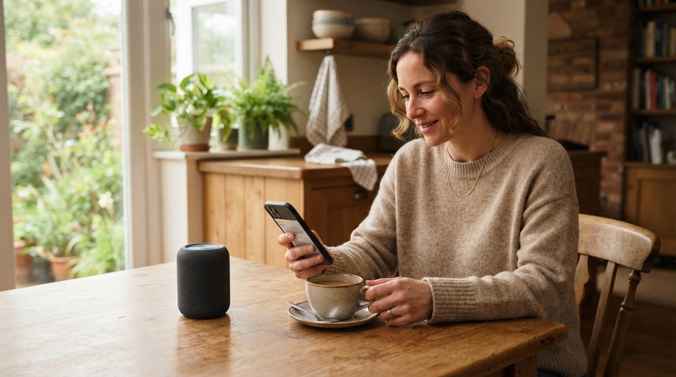 Personne lisant des avis sur smartphone à côté d'une enceinte Bluetooth portable