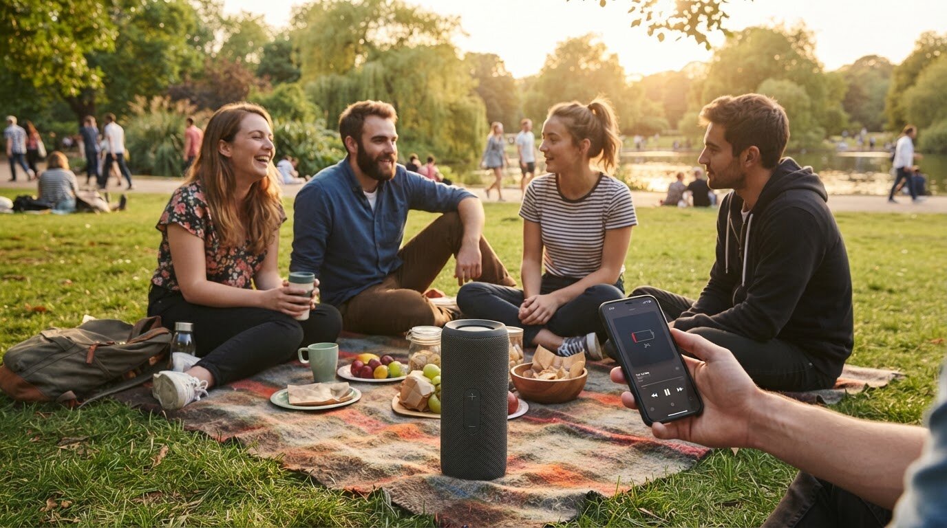 Autonomie réelle d'une enceinte nomade Enceinte Bluetooth portable sur une couverture de pique-nique dans un parc