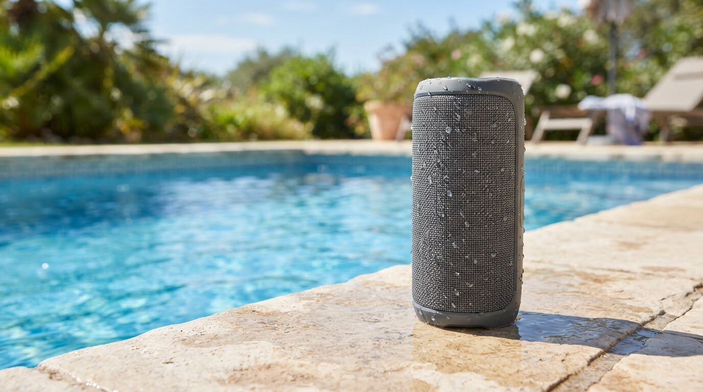 Enceinte étanche au bord d'une piscine Enceinte Bluetooth étanche avec gouttes d'eau au bord d'une piscine ensoleillée