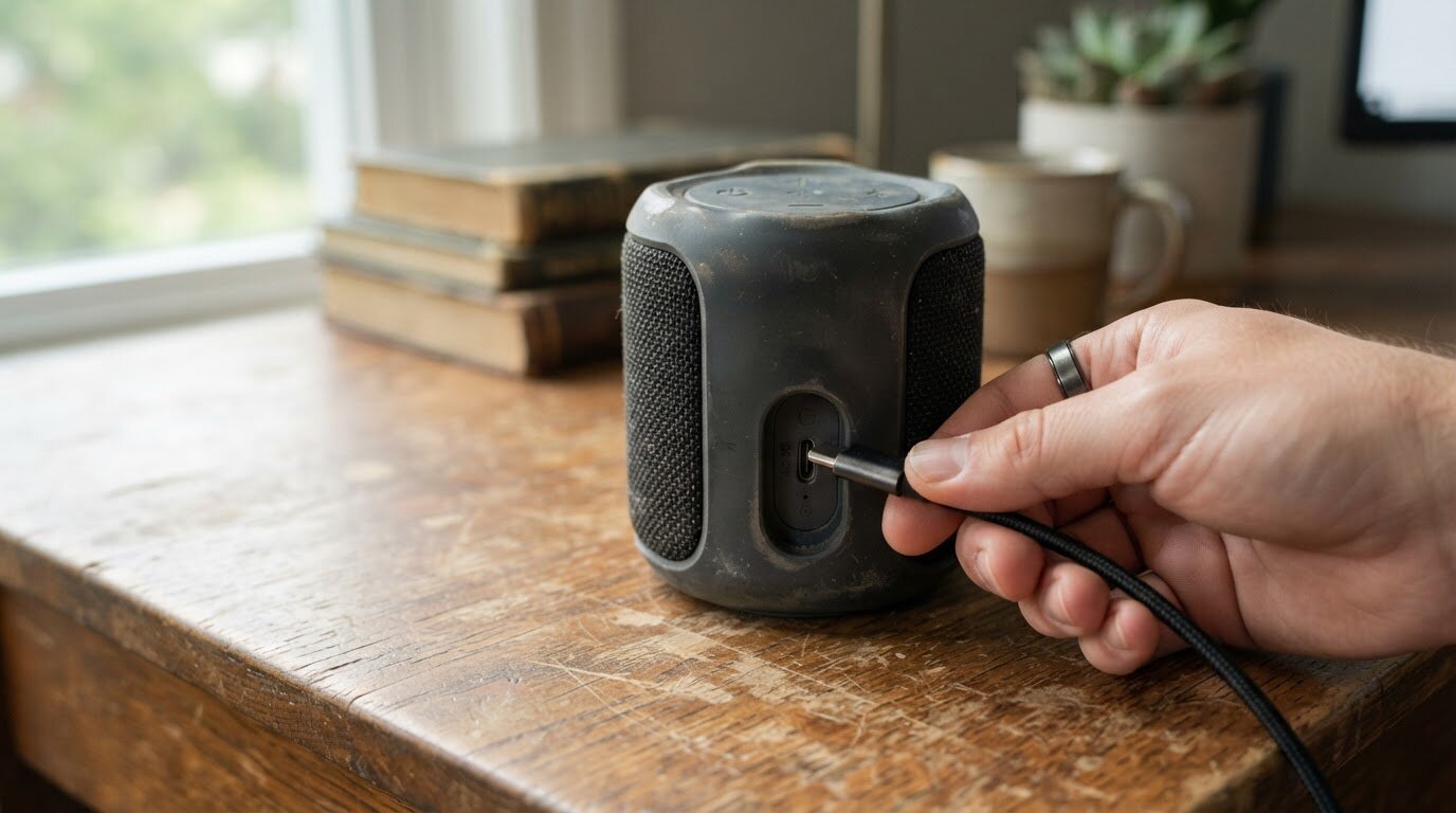 Recharge d'une enceinte Bluetooth usée Personne branchant un câble USB-C sur une enceinte Bluetooth portable déjà usée