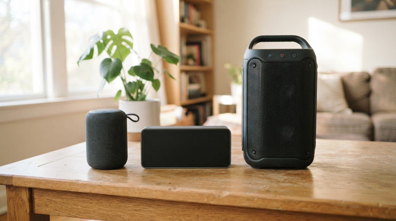 Trois formats d'enceintes Bluetooth Trois enceintes Bluetooth de tailles différentes alignées sur une table lumineuse