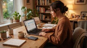 Personne organisant ses fichiers avec un disque dur externe posé près de son ordinateur portable