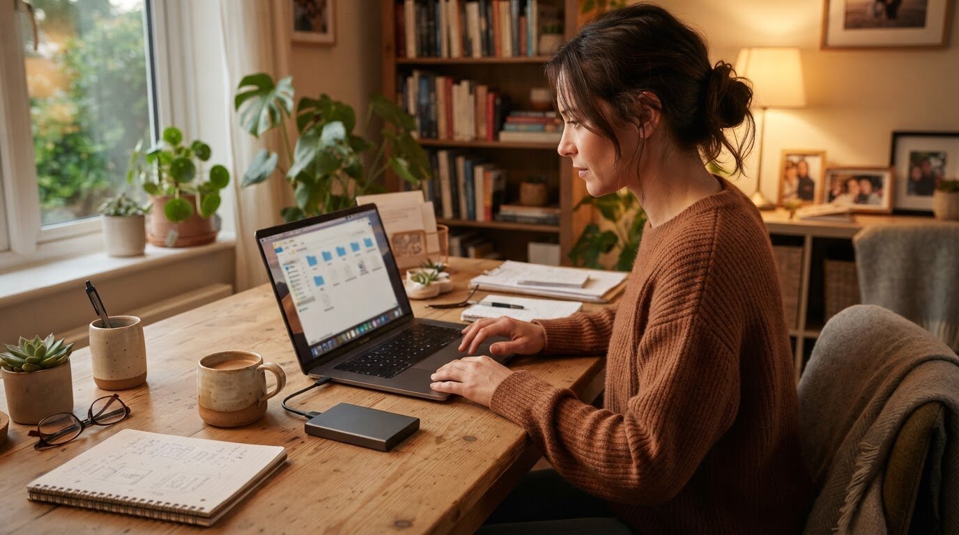 Personne organisant ses fichiers avec un disque dur externe posé près de son ordinateur portable