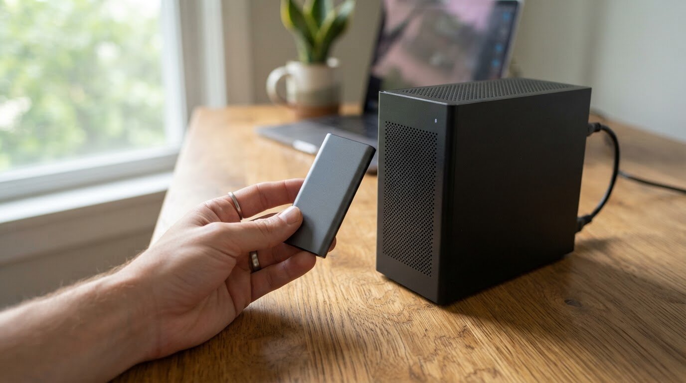 Différence entre un SSD externe et un disque dur HDD Main tenant un petit SSD externe à côté d'un disque dur externe de bureau plus volumineux
