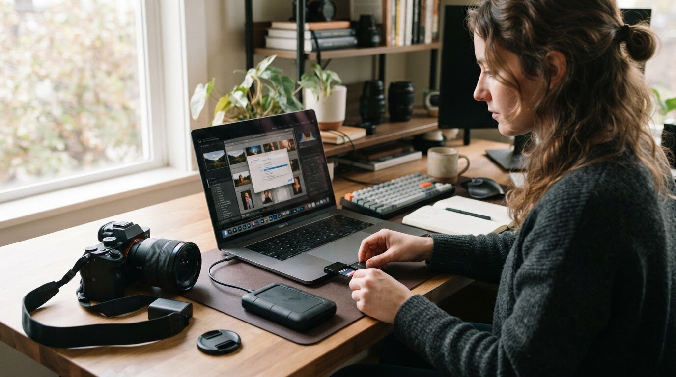 Quelle capacité de disque dur externe pour vos photos Photographe transférant des photos de son appareil vers un disque dur externe