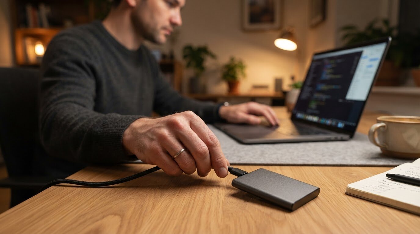 Connectique USB-C d'un disque dur externe Main branchant un câble USB-C sur un disque dur externe compact
