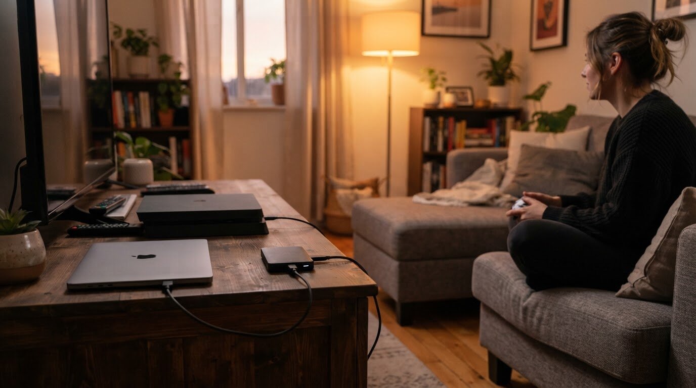 Disque dur externe compatible Mac, PC et console Disque dur externe branché entre un ordinateur portable et une console de jeu dans un salon