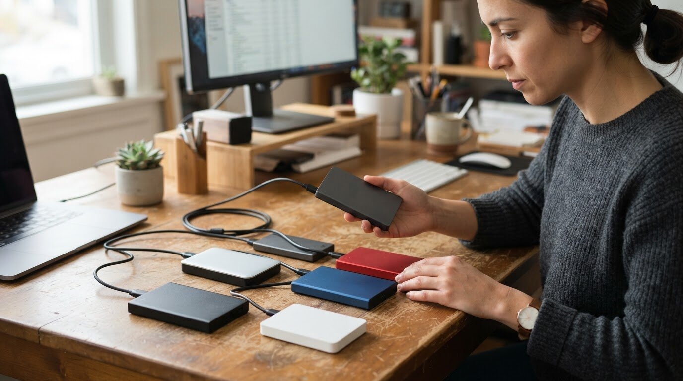 Comparer la fiabilité des marques de disque dur externe Personne comparant plusieurs disques durs externes de tailles différentes sur un bureau