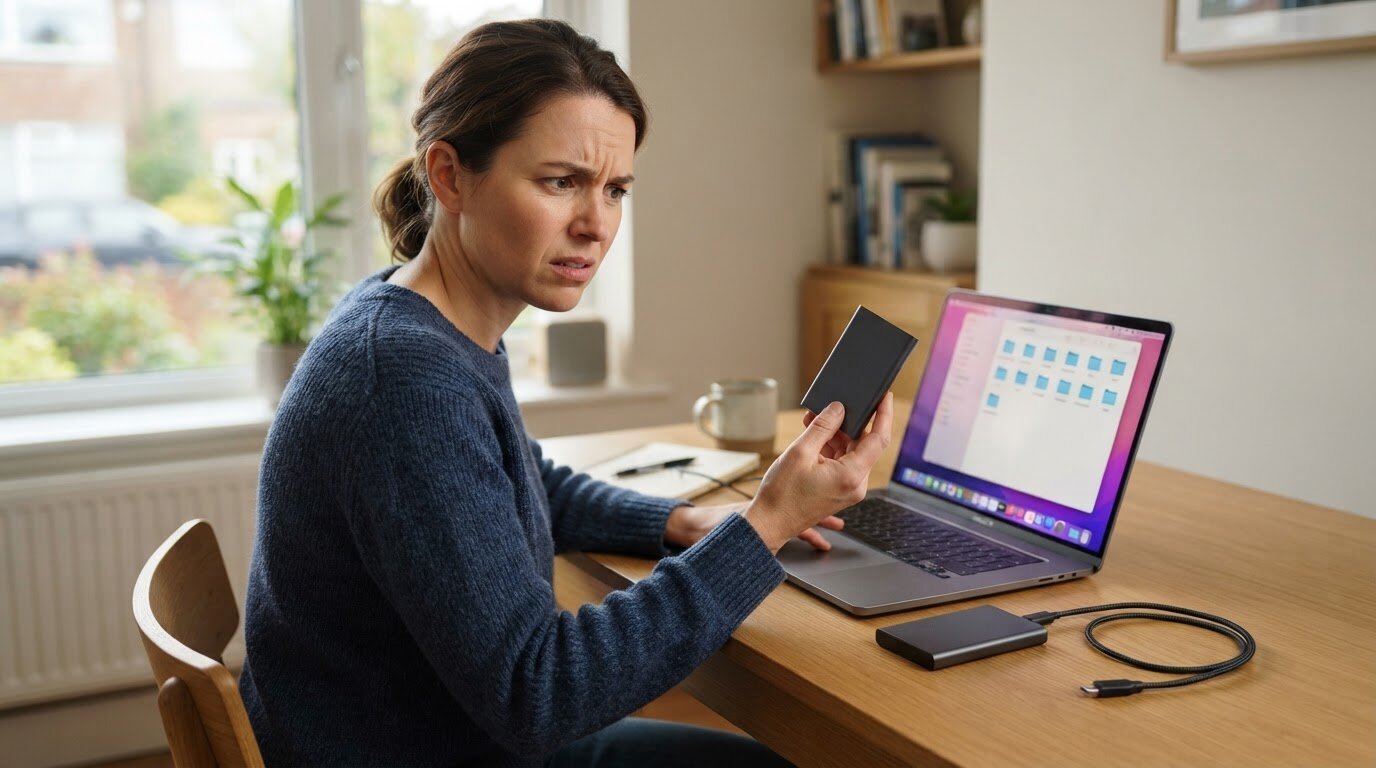 Diagnostic d'un disque dur externe Personne à son bureau examinant un disque dur externe branché à un ordinateur portable