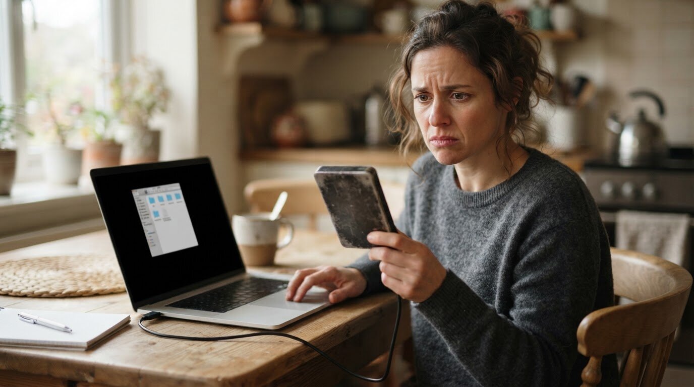 Débrancher un disque qui cliquette Femme inquiète tenant un disque dur externe débranché et rayé après une chute