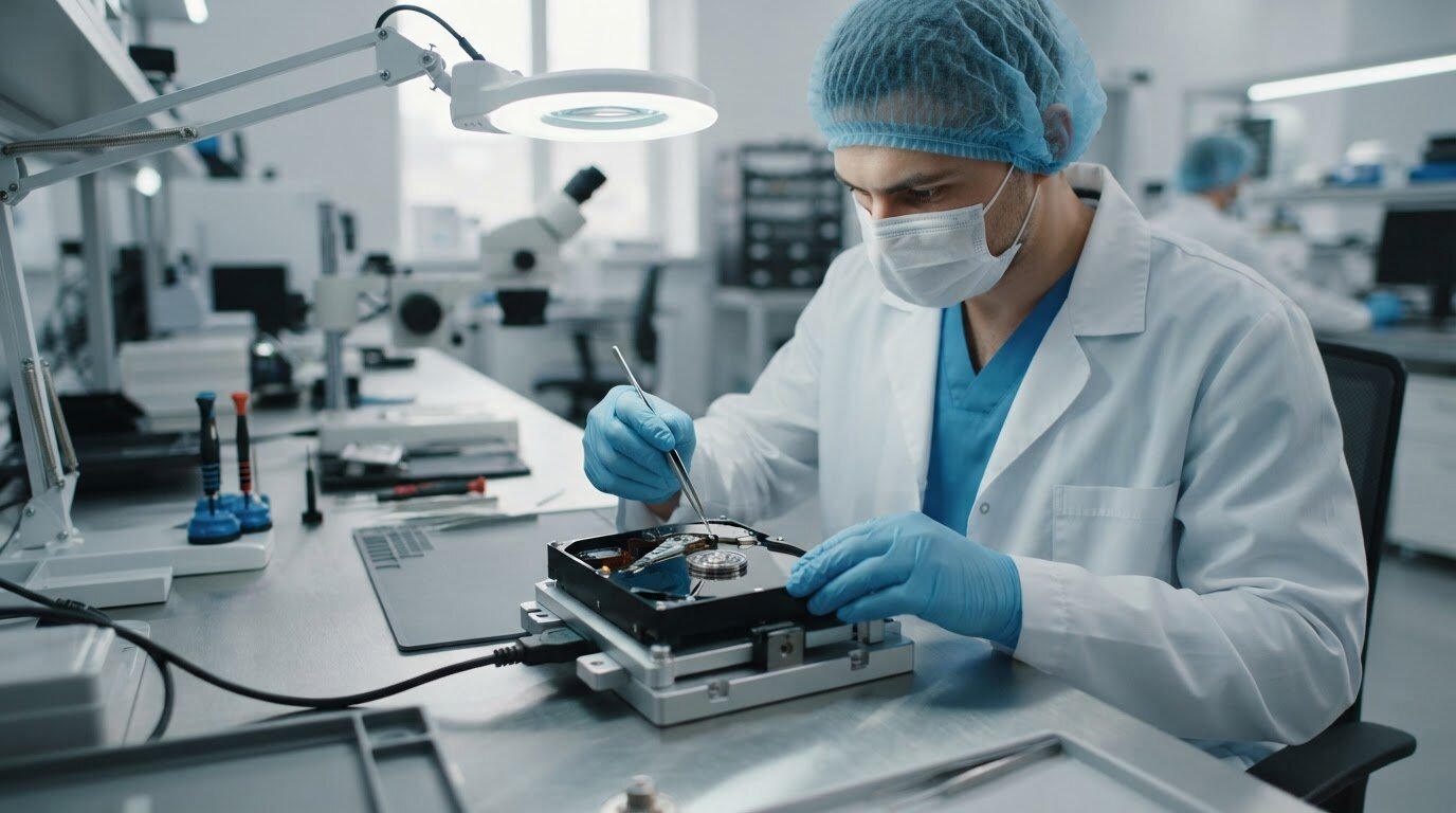 Récupération de données en laboratoire Technicien en salle blanche intervenant sur un disque dur ouvert pour récupérer des données