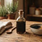 Remèdes traditionnels pour cheveux, huile et graines Flacon d'huile et graines de nigelle et de fenugrec sur une table en bois