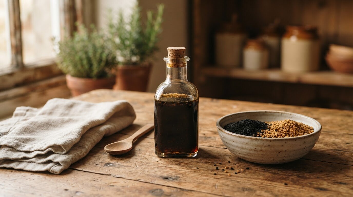 Flacon d'huile et graines de nigelle et de fenugrec sur une table en bois