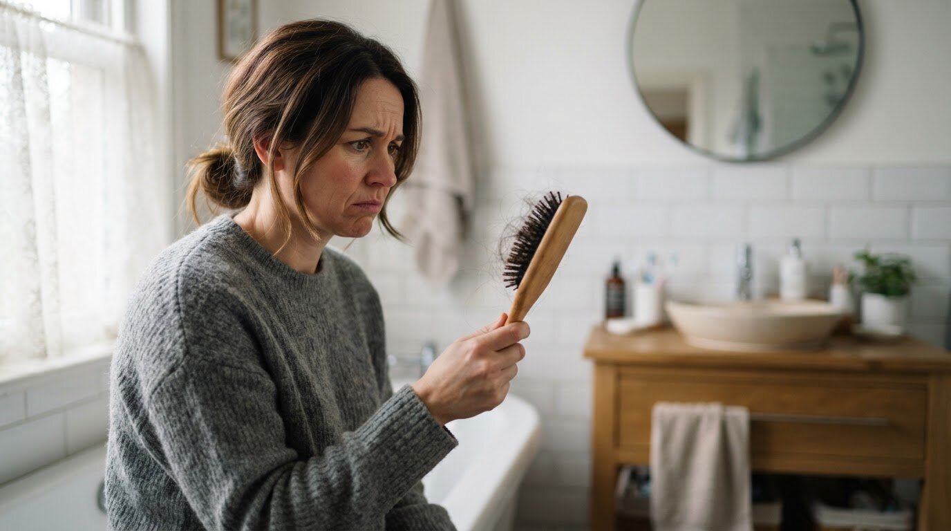 Femme inquiète devant une brosse à cheveux Femme inquiète regardant les cheveux restés dans sa brosse
