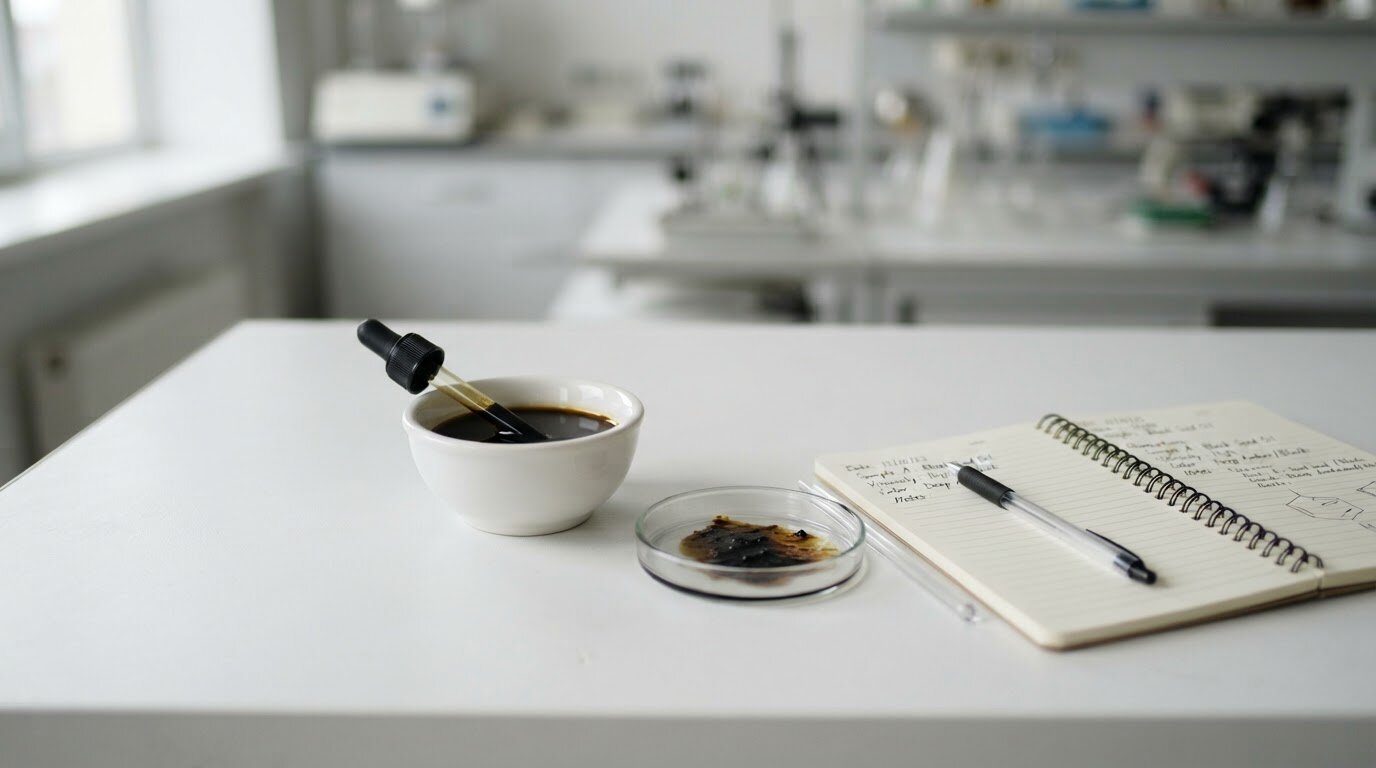 Huile de nigelle et essai clinique Huile noire avec pipette posée sur un bureau avec un carnet de notes