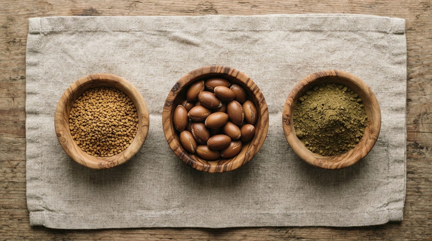 Argan, fenugrec et henné en poudre Trois bols en bois contenant argan, graines de fenugrec et poudre de henné