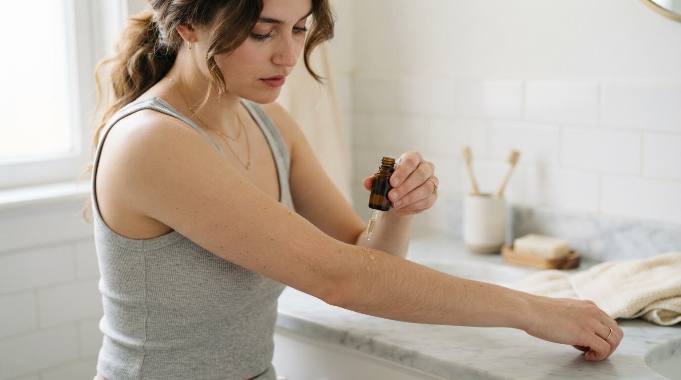 Test de tolérance d'une huile au pli du coude Femme appliquant une goutte d'huile au pli du coude pour tester sa peau