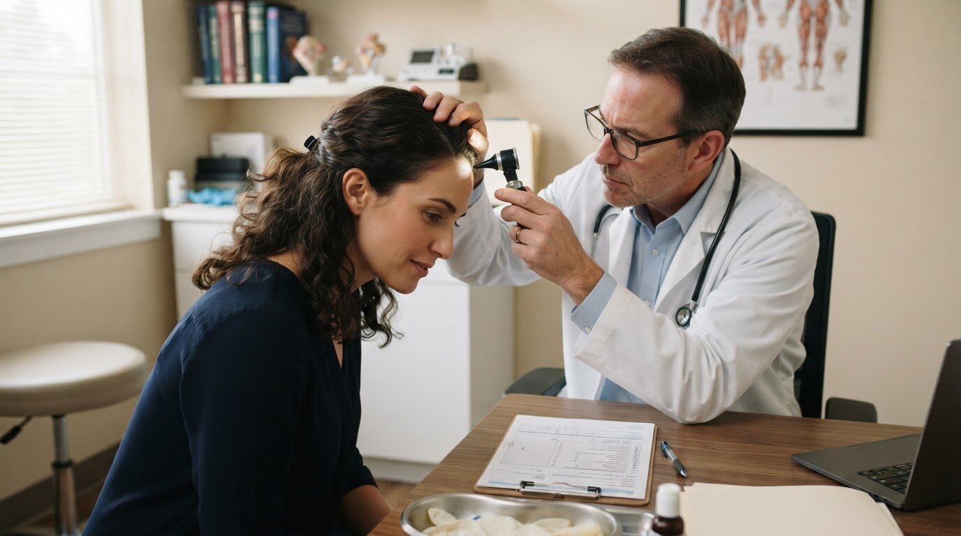 Consultation médicale pour une chute de cheveux Médecin examinant le cuir chevelu d'une patiente avec un bilan sanguin sur le bureau