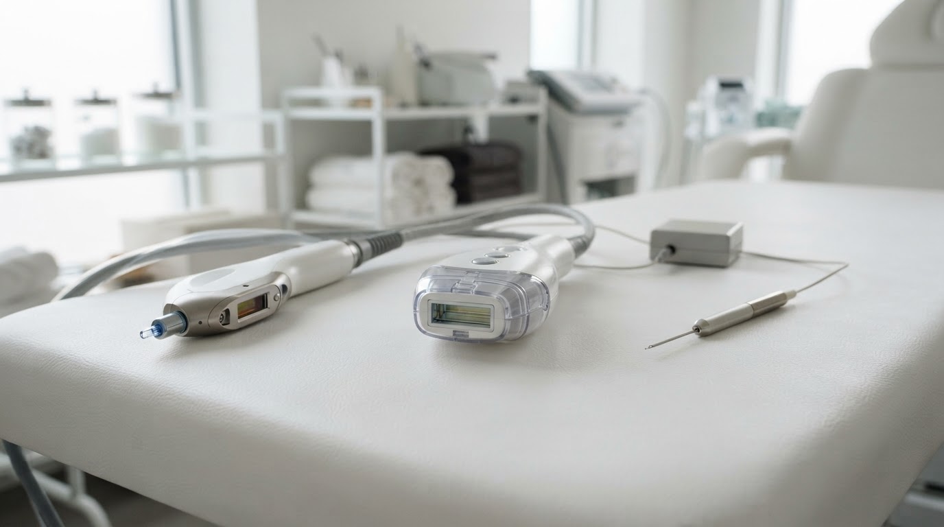 Trois appareils d'épilation durable comparés Appareils laser, lumière pulsée et électrolyse posés sur une table de soin propre