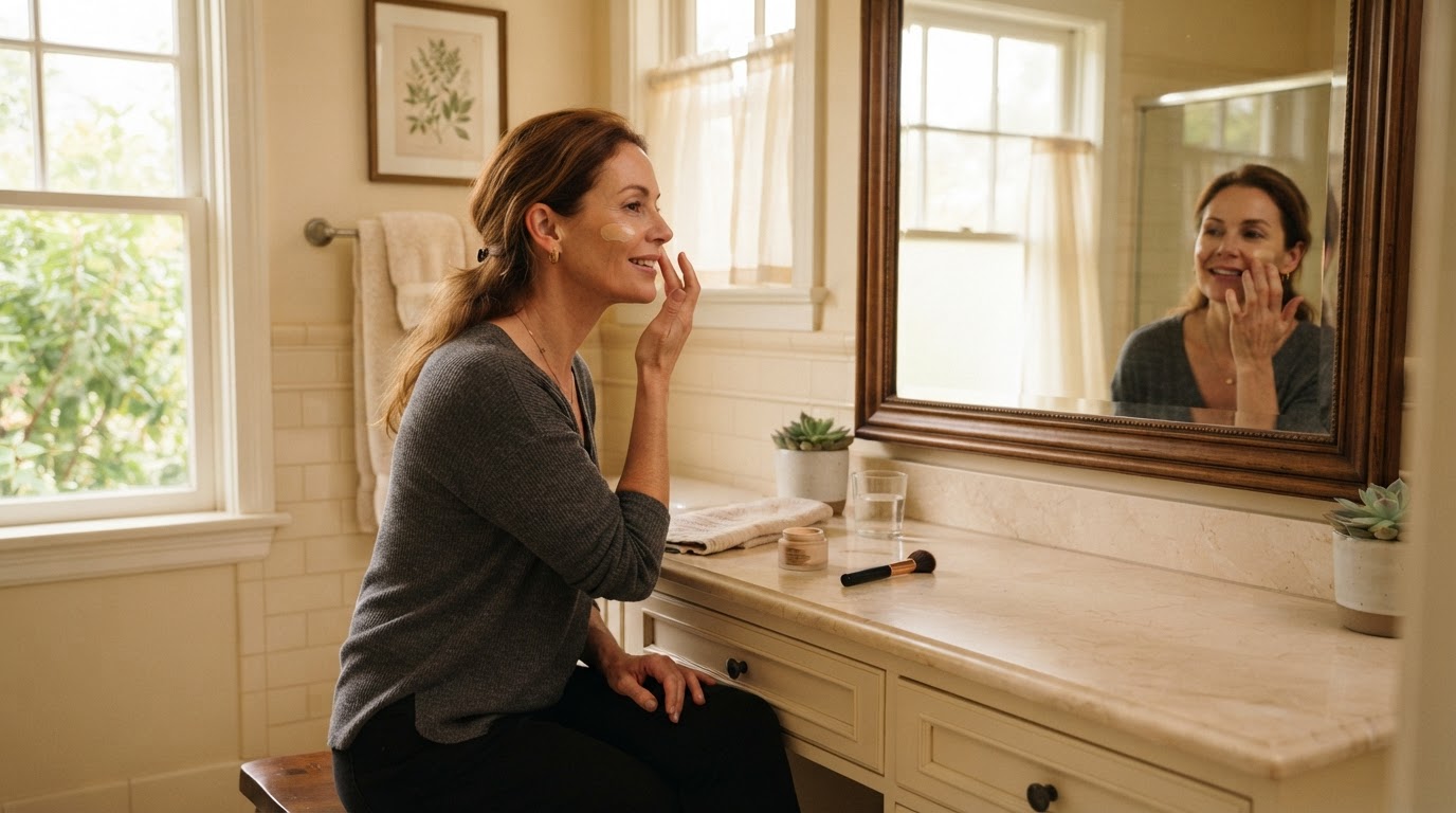 Routine beauté avec une bb crème anti-âge Femme appliquant une bb crème teintée devant son miroir de salle de bain