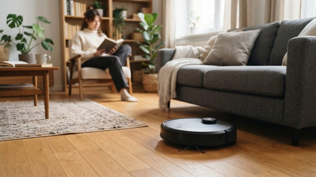 Aspirateur robot dans un salon lumineux Aspirateur robot circulant dans un salon lumineux près d'un canapé