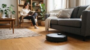 Aspirateur robot circulant dans un salon lumineux près d'un canapé
