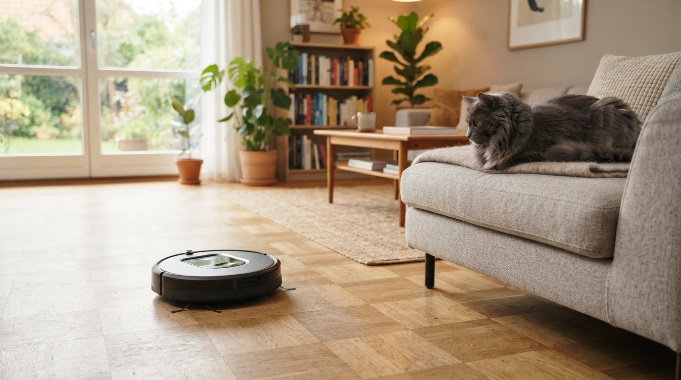 Aspirateur robot sur un parquet clair avec un chat à poils longs sur le canapé