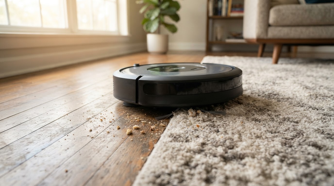 Aspirateur robot passant du parquet au tapis épais Aspirateur robot passant d'un parquet à un tapis épais avec des miettes au sol