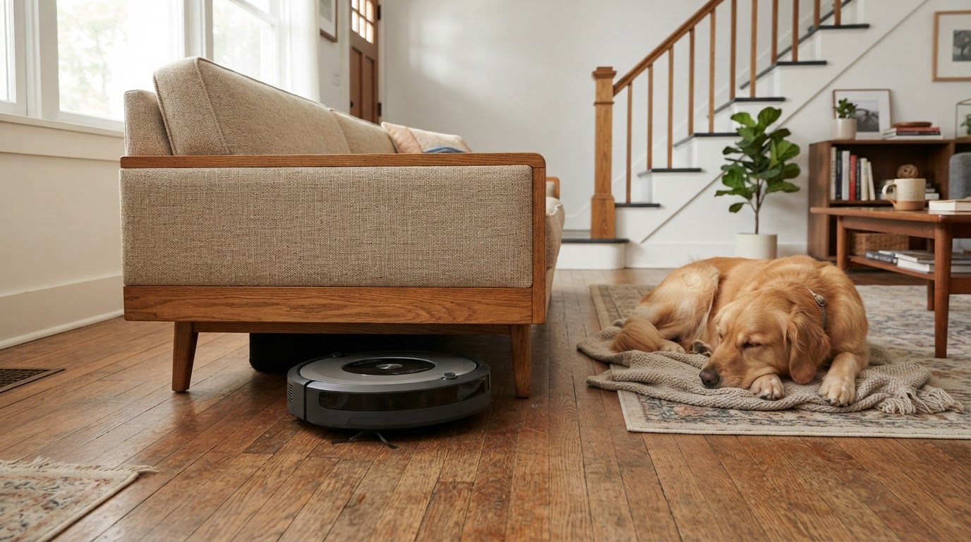 Aspirateur robot sous un canapé bas avec un chien Aspirateur robot passant sous un canapé bas dans une maison avec un chien