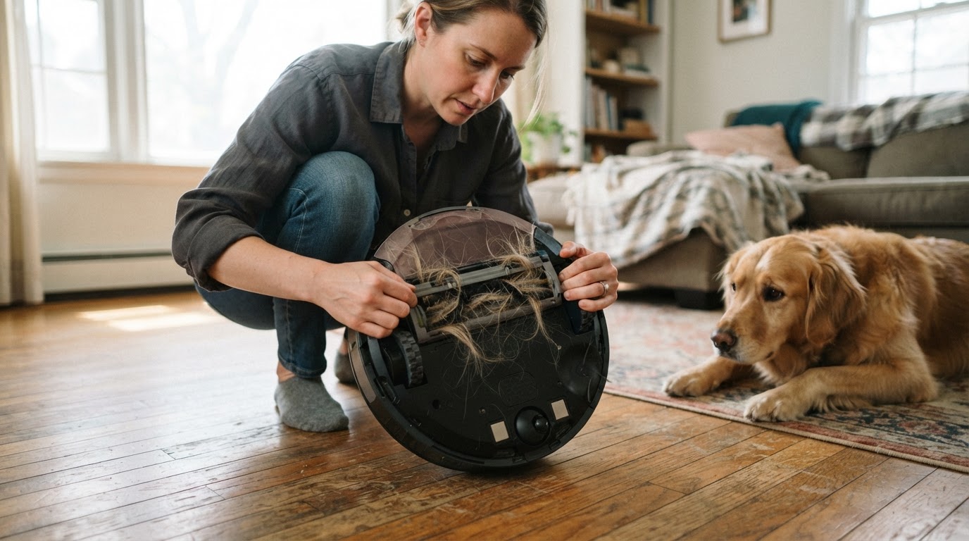 Brosse de robot aspirateur emmêlée de poils Personne nettoyant la brosse d'un robot aspirateur enroulée de poils de chien