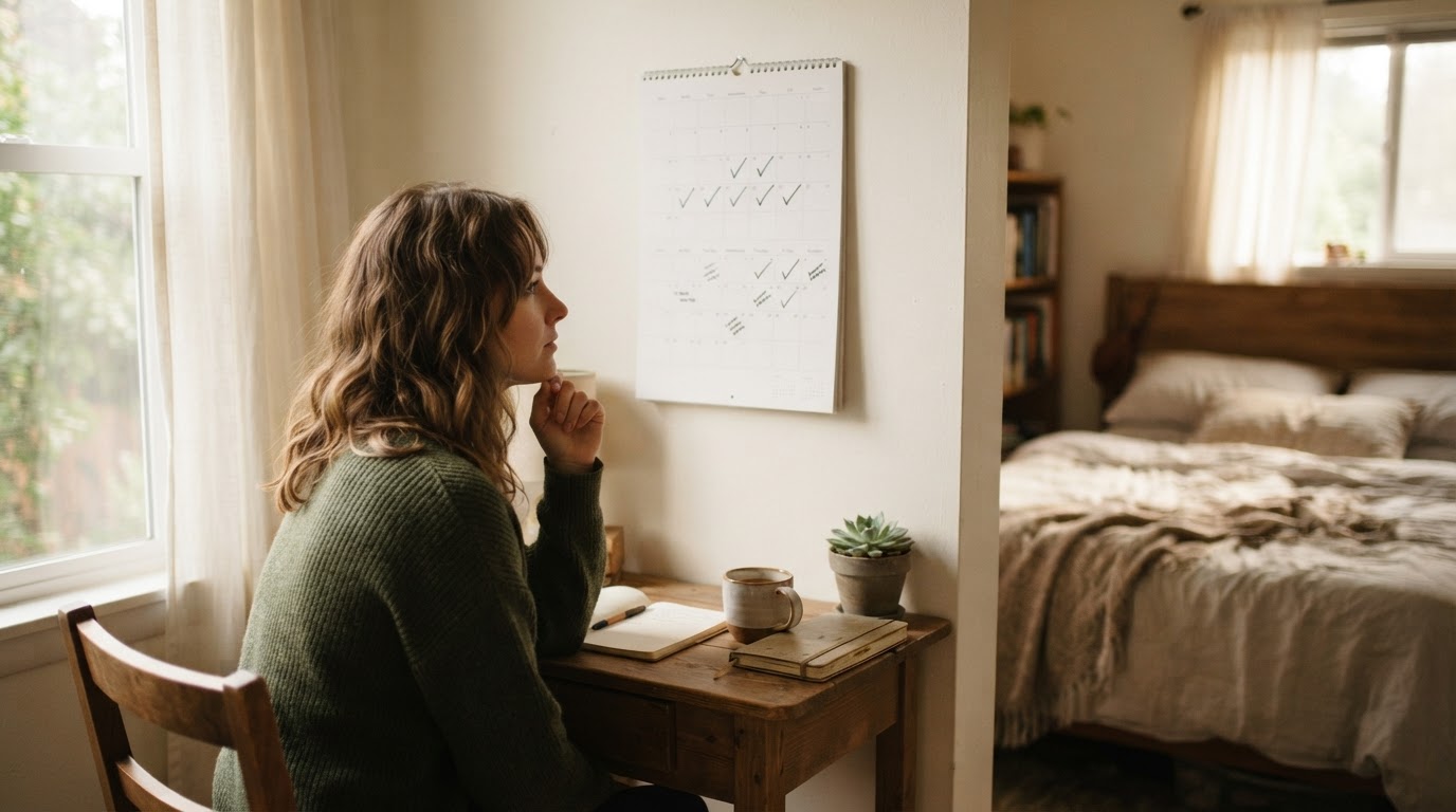 Femme consultant un calendrier mural avec des séances cochées dans sa chambre