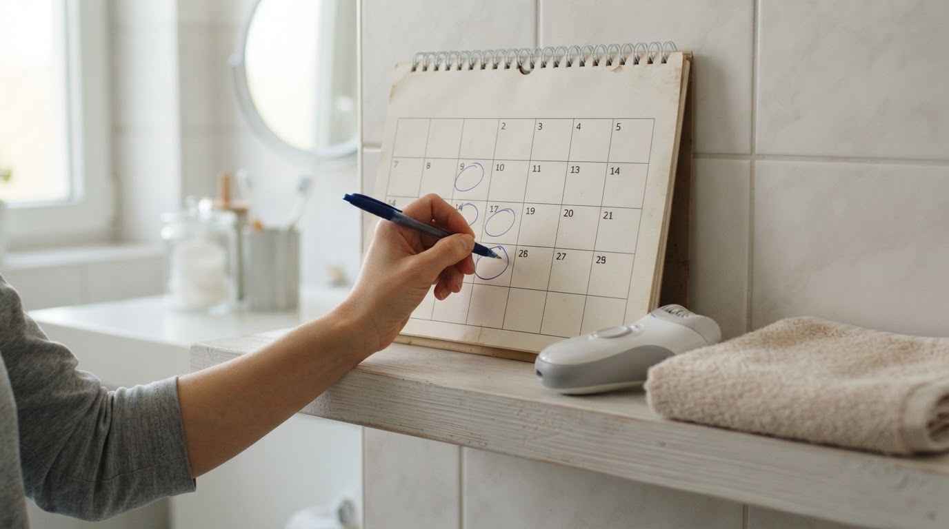 Calendrier des séances d'épilation à la lumière pulsée Calendrier de séances d'épilation à la lumière pulsée annoté près de l'appareil