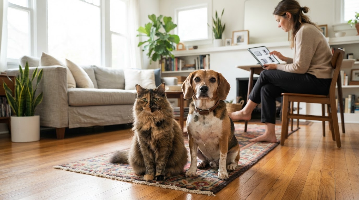 Chat, chien et choix de l'aspirateur adapté Chat à poils longs et chien assis côte à côte dans un salon avec parquet et tapis